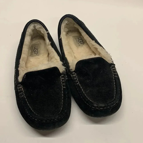 Ugg Ansley Black Suede Slip On Shearling Lined Slippers Women's Size 6 - Picture 1 of 11
